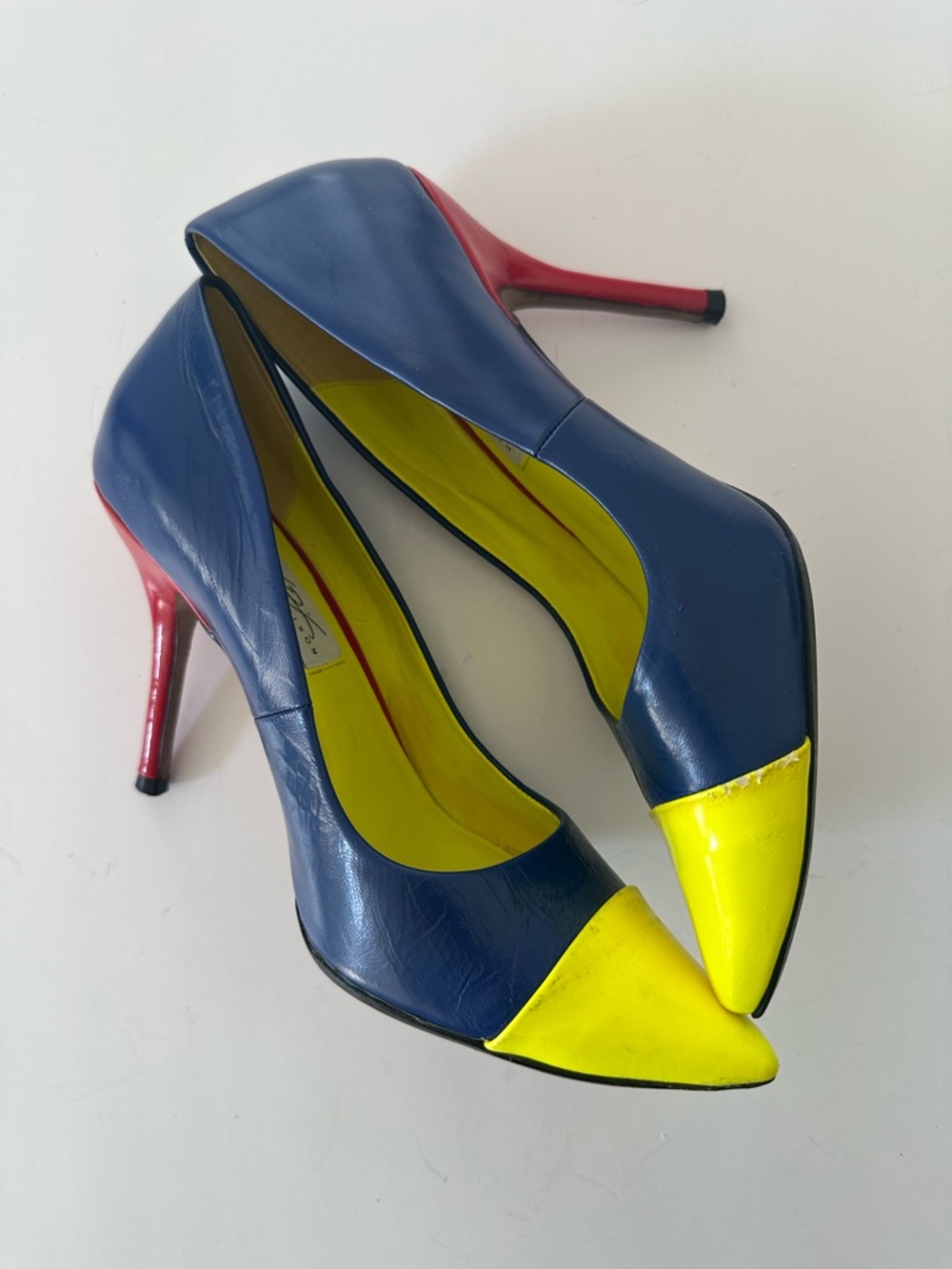 DAVID DIXON Heels Leather Navy Red Yellow Statement Sz 7